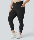 High Waisted Crossover Pocket Plain Plus Size Full Length Leggings — Black — view 2