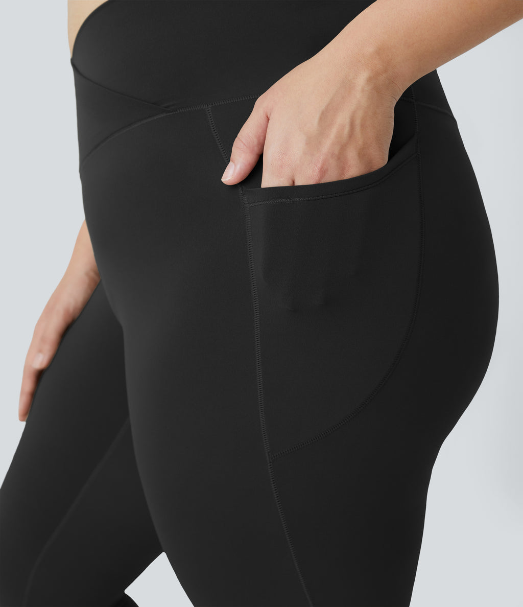 High Waisted Crossover Pocket Plain Plus Size Full Length Leggings — Black — view 5