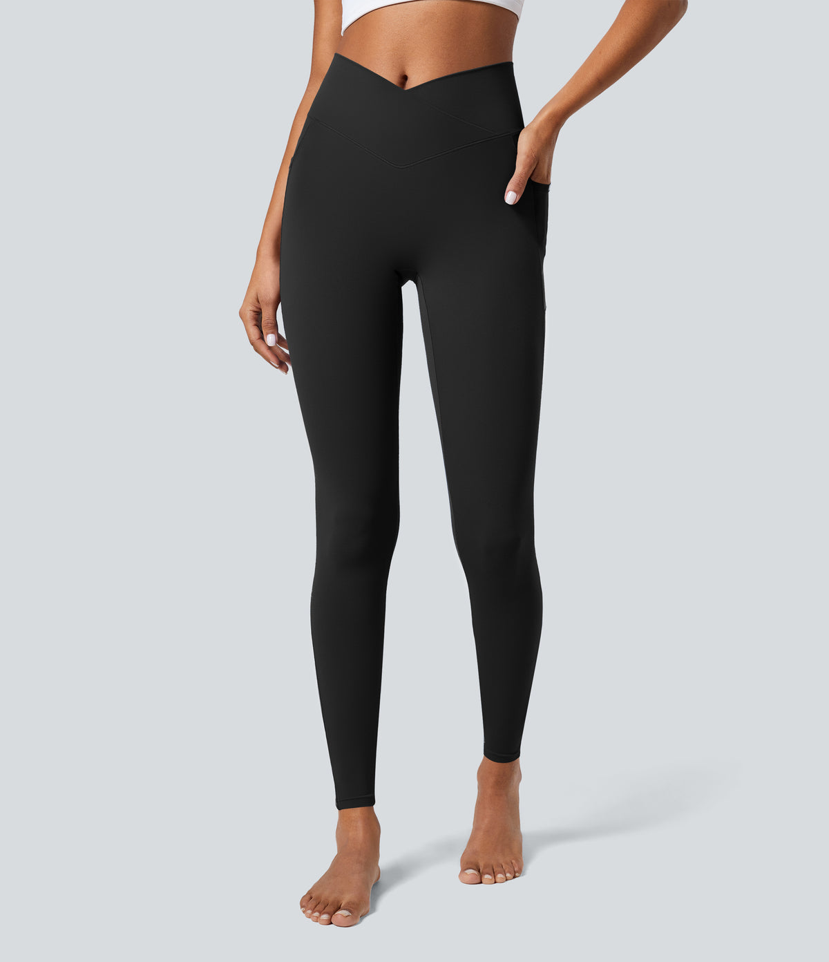 Crossover Pocket Plain Leggings — Black — view 1