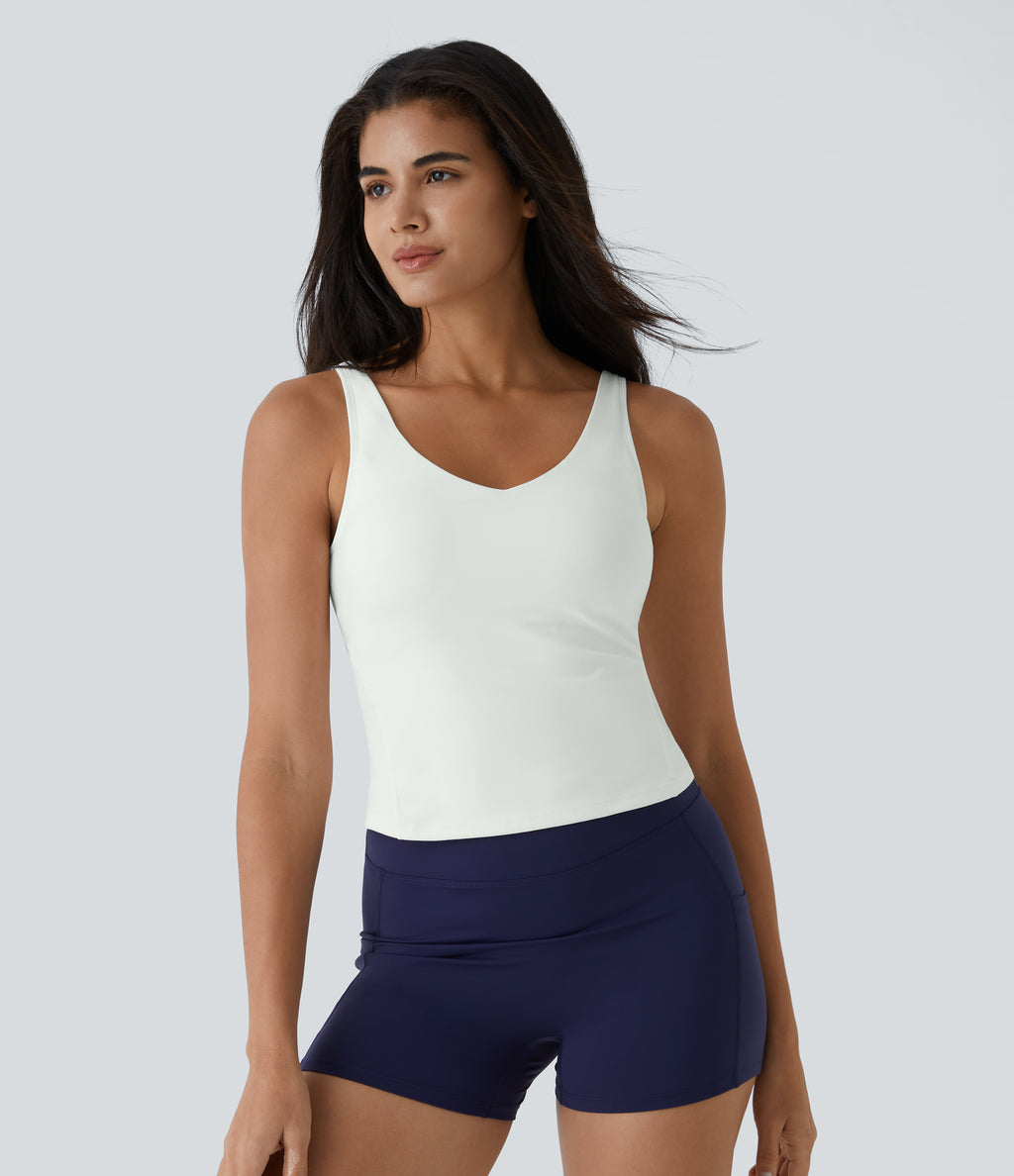 Plush Padded V Neck Plain Tank Vest Top — White — view 1