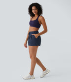 High Waisted Elastic Waistband Drawstring Pleated Yoga Shorts 3" with Pockets — Night Blue — view 5