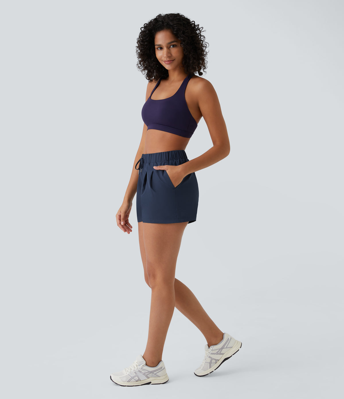 High Waisted Elastic Waistband Drawstring Pleated Yoga Shorts 3" with Pockets — Night Blue — view 5