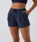 High Waisted Elastic Waistband Drawstring Pleated Yoga Shorts 3" with Pockets — Night Blue — view 4