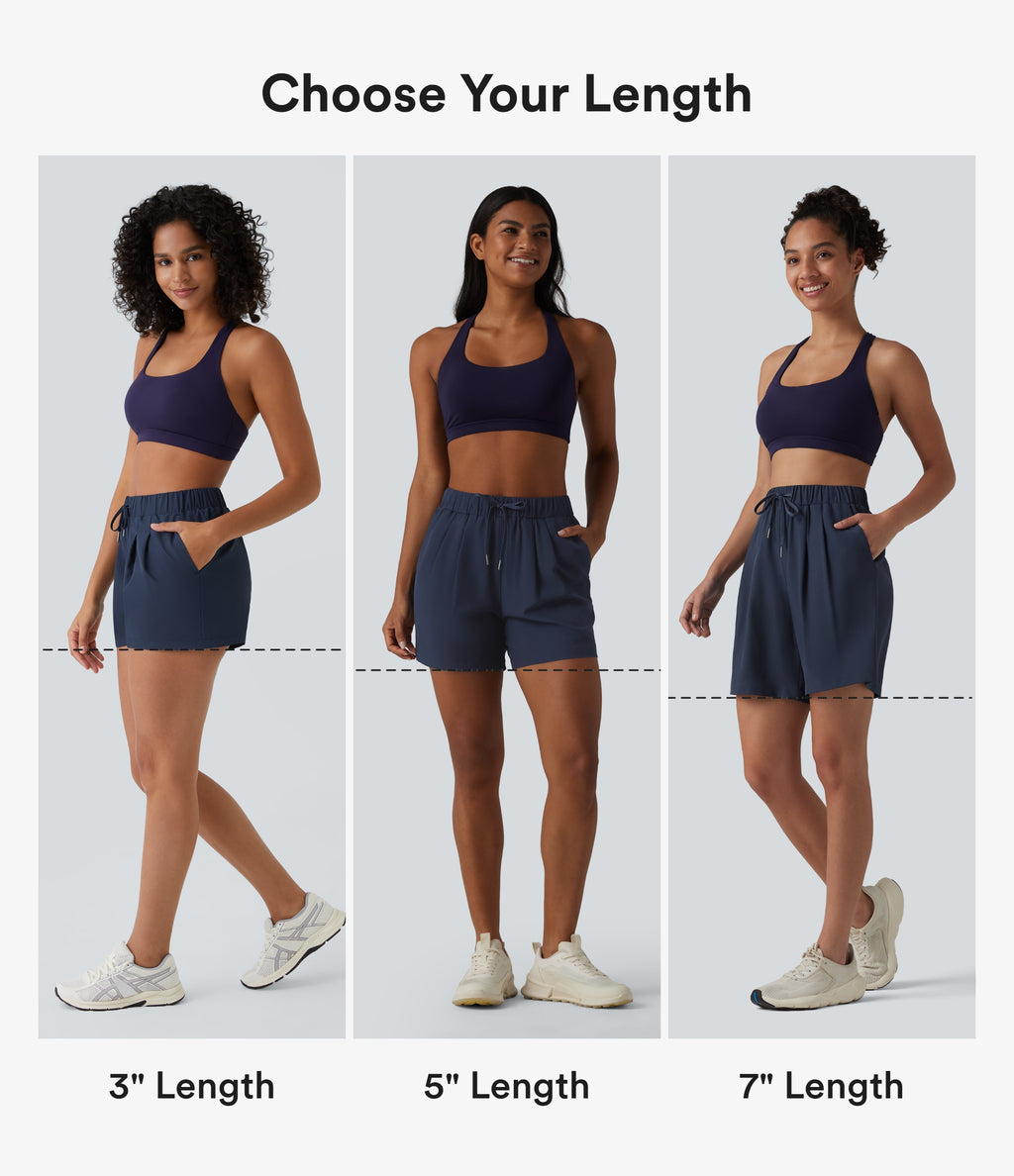 High Waisted Elastic Waistband Drawstring Pleated Yoga Shorts 3" with Pockets — Night Blue — view 2