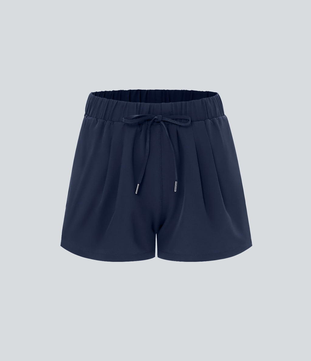 High Waisted Elastic Waistband Drawstring Pleated Yoga Shorts 3" with Pockets — Night Blue — view 6