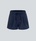 High Waisted Elastic Waistband Drawstring Pleated Yoga Shorts 3" with Pockets — Night Blue — view 6