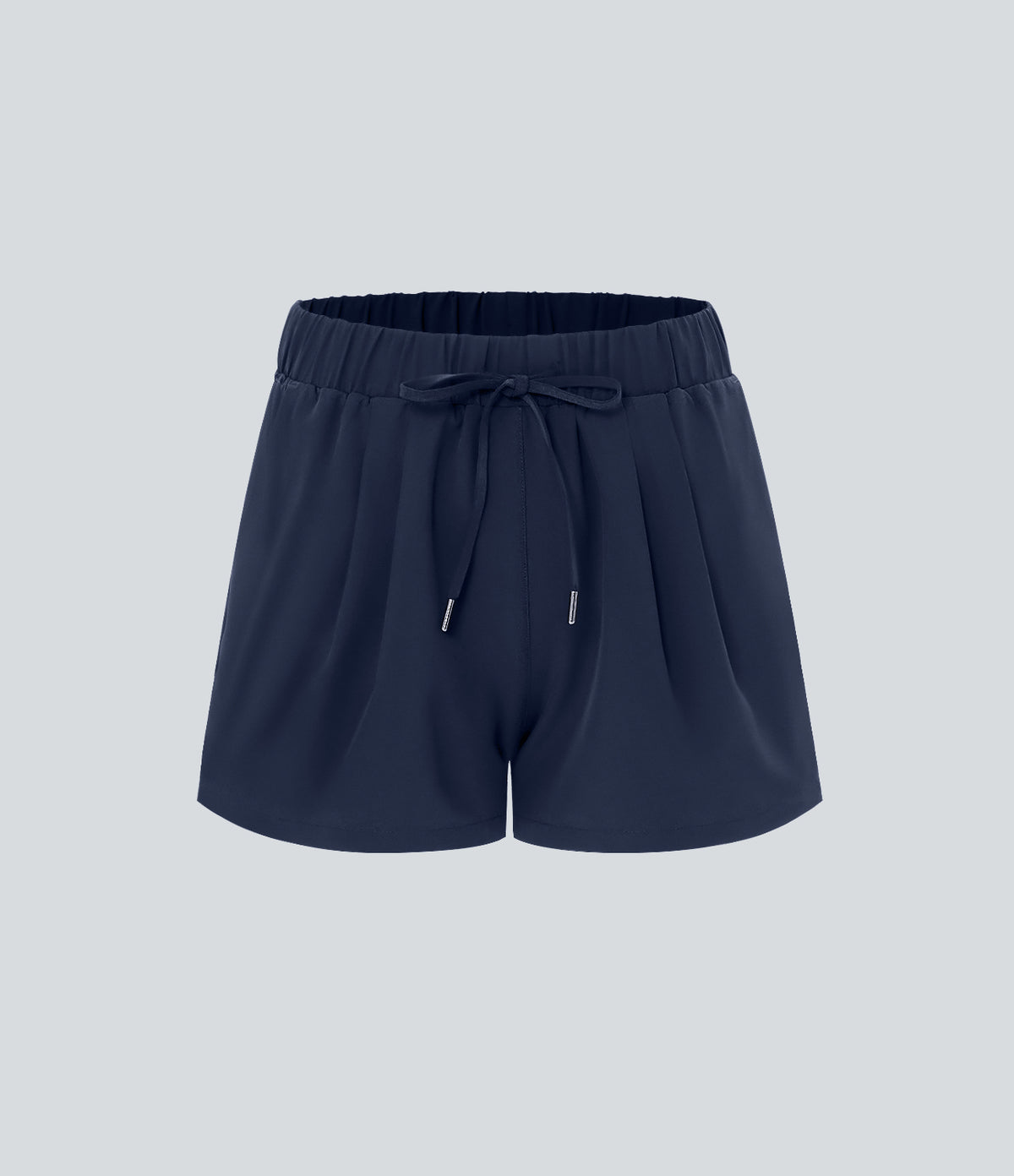 High Waisted Elastic Waistband Drawstring Pleated Yoga Shorts 3" with Pockets — Night Blue — view 6