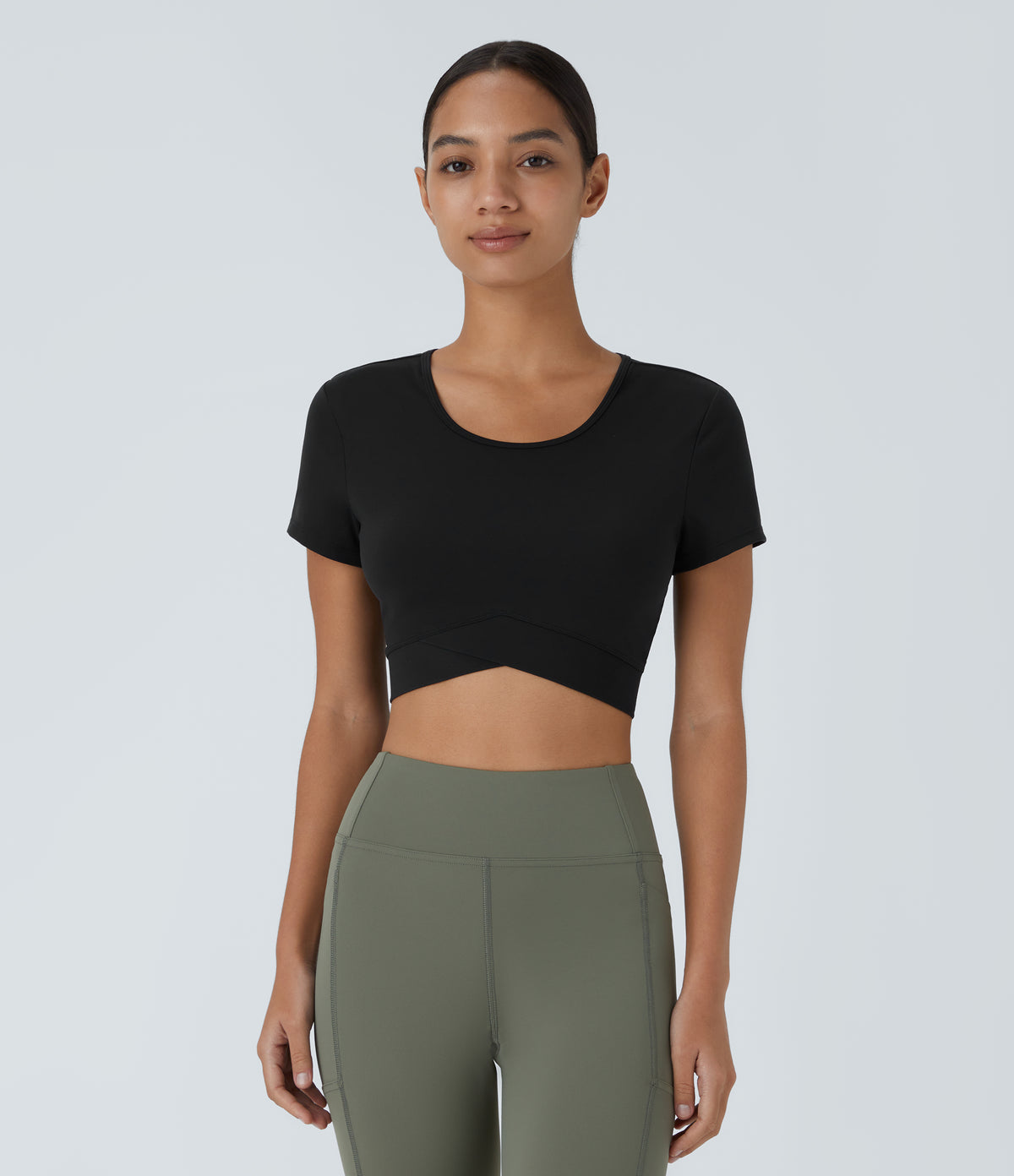 Plush Crossover Hem Cropped Sports Top — Black — view 2
