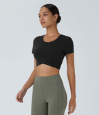 Plush Crossover Hem Cropped Sports Top — Black — view 4