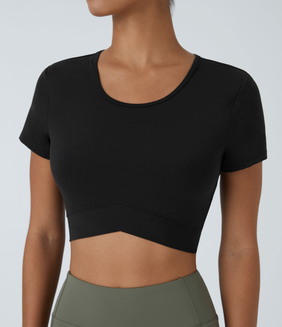 Plush Crossover Hem Cropped Sports Top — Black — view 1