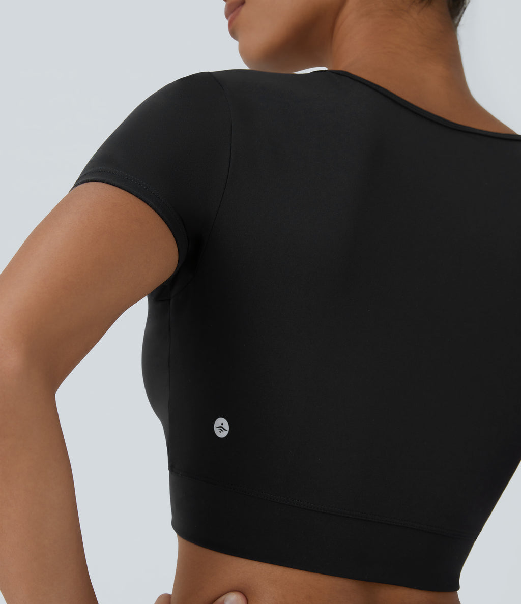 Plush Crossover Hem Cropped Sports Top — Black — view 5