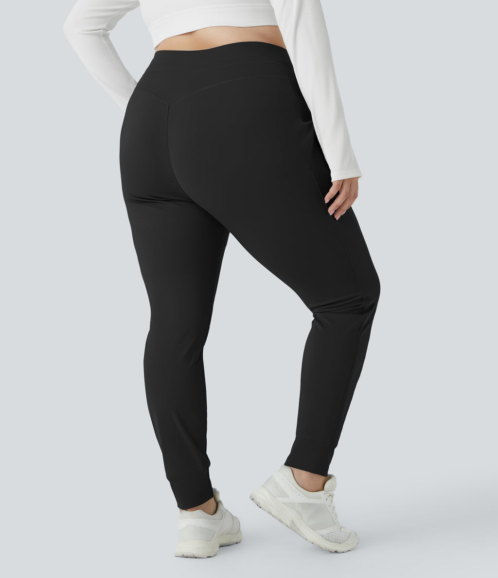 Plush High Waisted Drawstring Pocket Plain Full Length Plus Size Joggers — Black — view 7