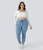 Plush High Waisted Drawstring Pocket Plain Full Length Plus Size Joggers — Grey Blue — view 6