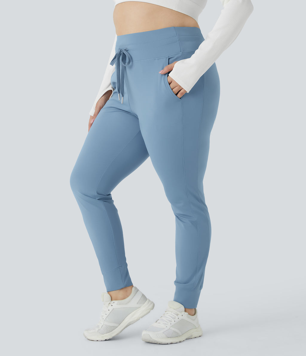 Plush High Waisted Drawstring Pocket Plain Full Length Plus Size Joggers — Grey Blue — view 3
