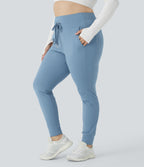 Plush High Waisted Drawstring Pocket Plain Full Length Plus Size Joggers — Grey Blue — view 3