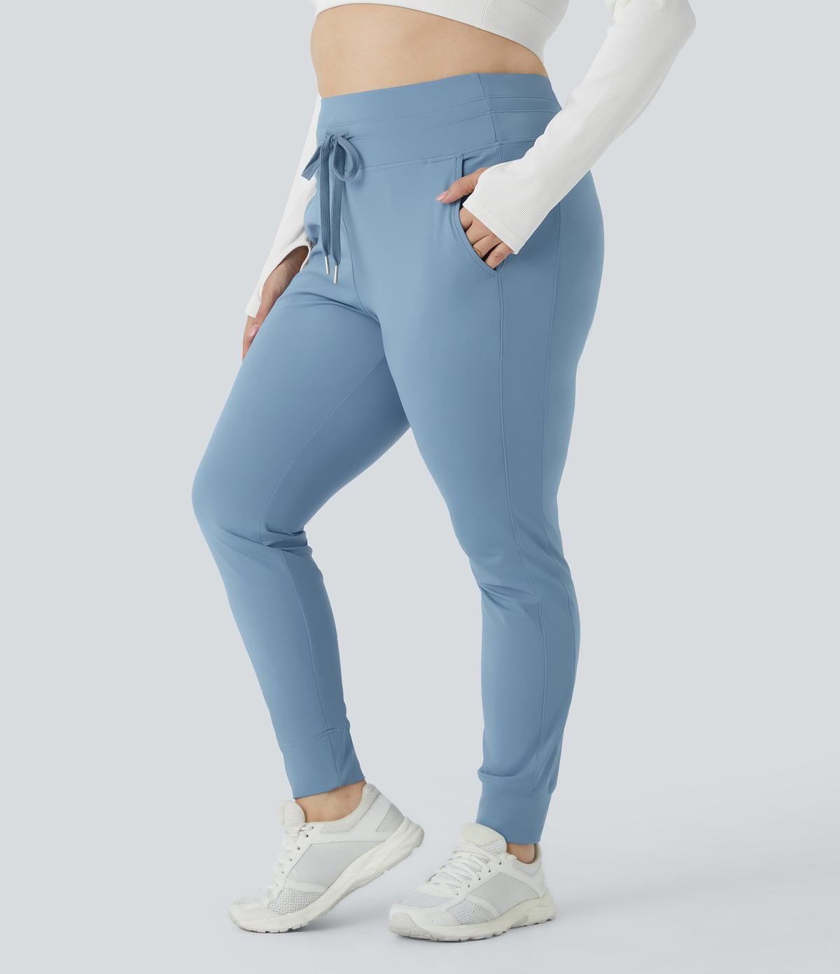 Plush High Waisted Drawstring Pocket Plain Full Length Plus Size Joggers — Grey Blue — view 3