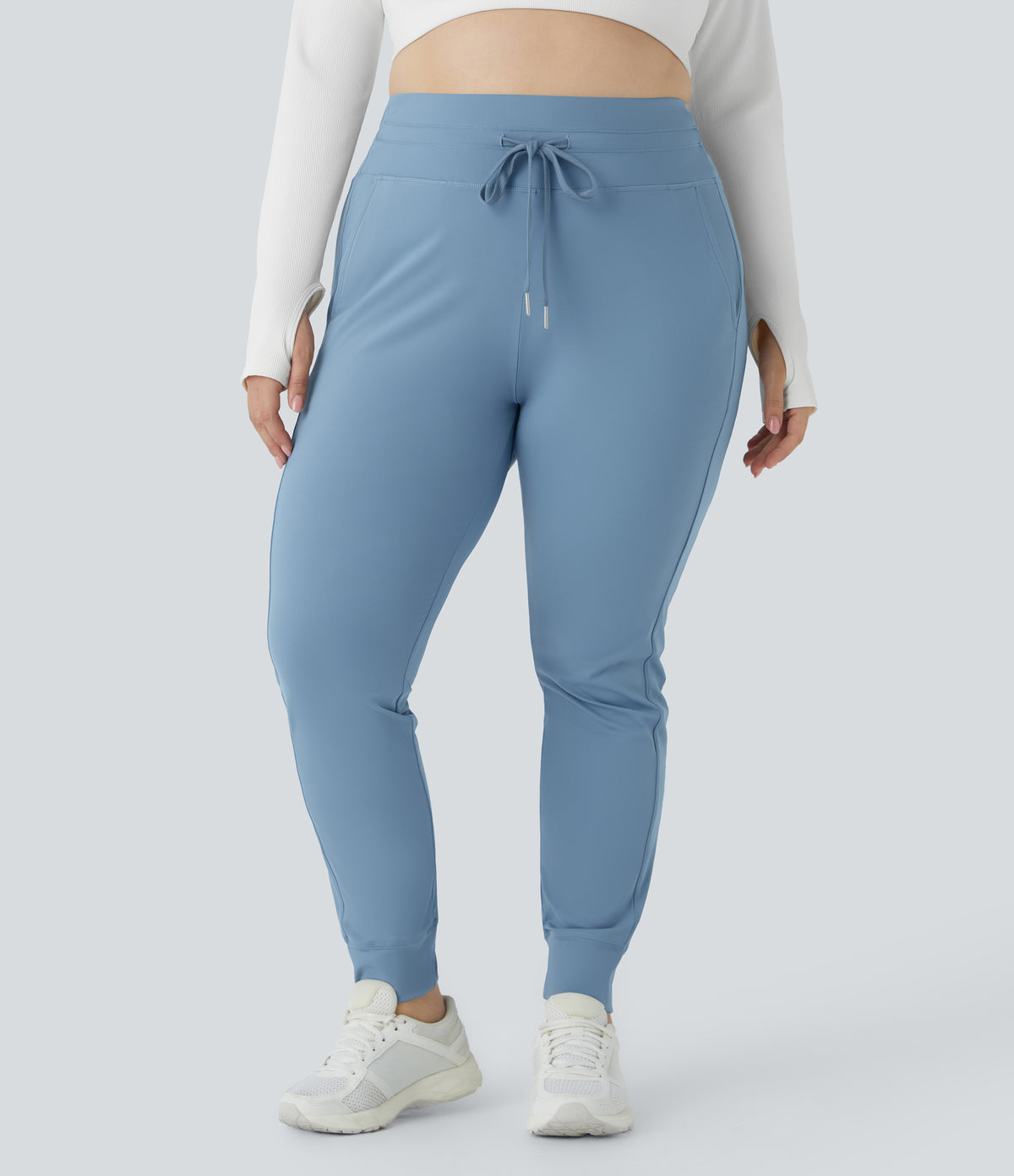 Plush High Waisted Drawstring Pocket Plain Full Length Plus Size Joggers — Grey Blue — view 2