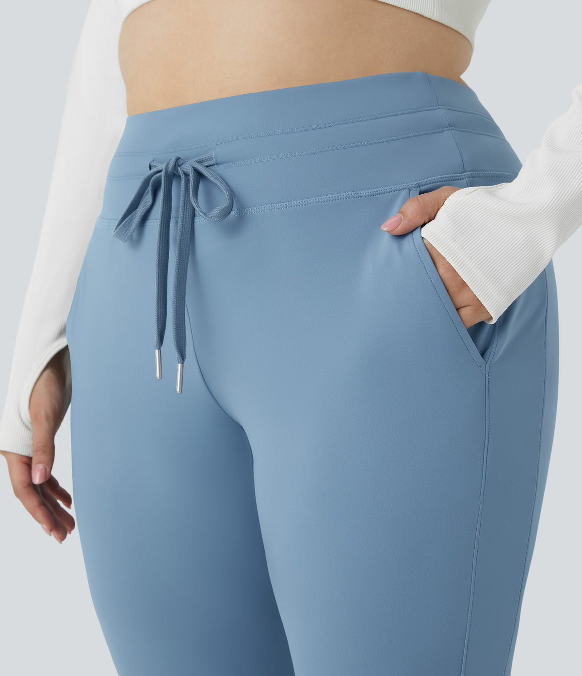 Plush High Waisted Drawstring Pocket Plain Full Length Plus Size Joggers — Grey Blue — view 4