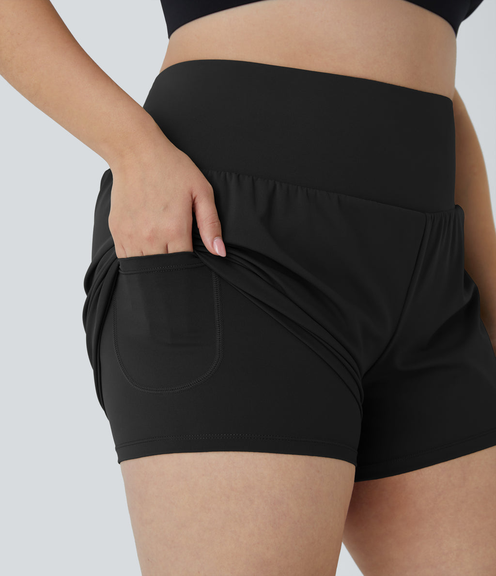 Back Pocket Plus Side Hidden Pocket 2-in-1 Gym Plus Size Shorts 2.5'' — Black — view 6