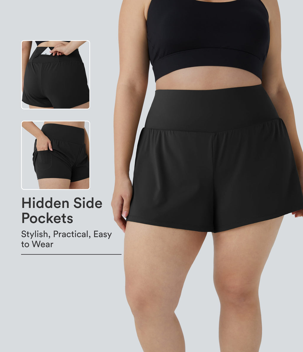 Back Pocket Plus Side Hidden Pocket 2-in-1 Gym Plus Size Shorts 2.5'' — Black — view 1