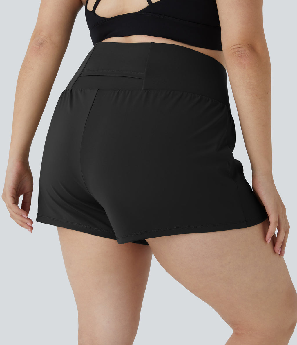 Back Pocket Plus Side Hidden Pocket 2-in-1 Gym Plus Size Shorts 2.5'' — Black — view 3
