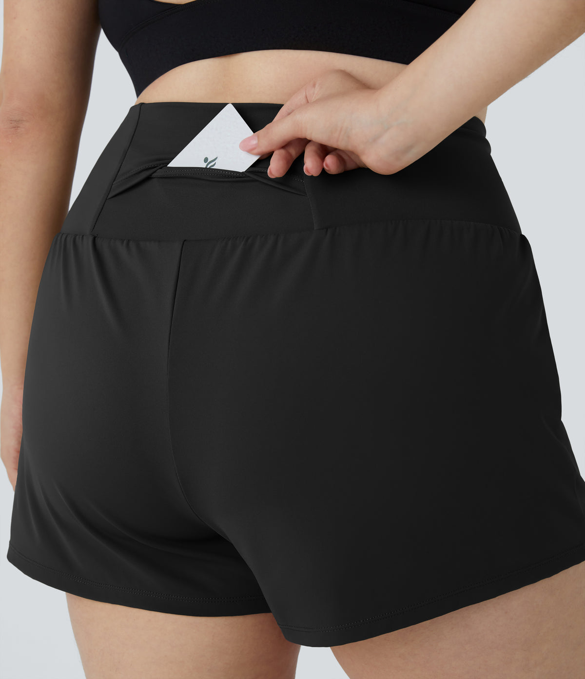 Back Pocket Plus Side Hidden Pocket 2-in-1 Gym Plus Size Shorts 2.5'' — Black — view 5