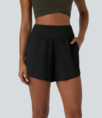High Waisted Pocket Quick Dry Casual Shorts 4" — Black — view 2