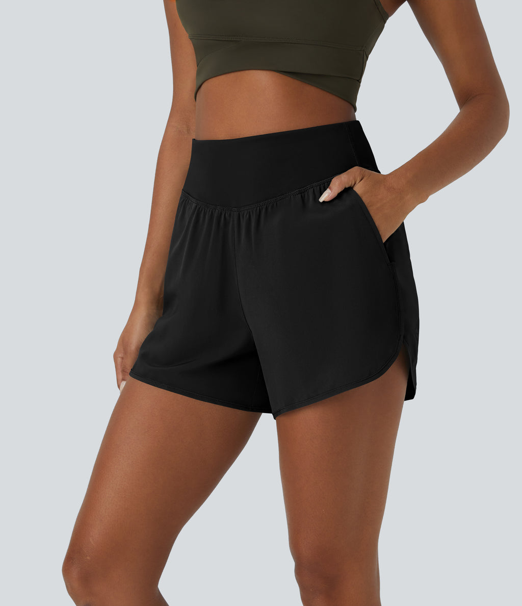 High Waisted Pocket Quick Dry Casual Shorts 4" — Black — view 1