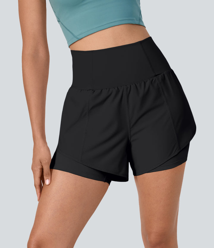 Super High Waisted Curved Hem 2-in-1 Side Pocket Quick Dry Yoga Shorts 3.5'' — Black — view 1