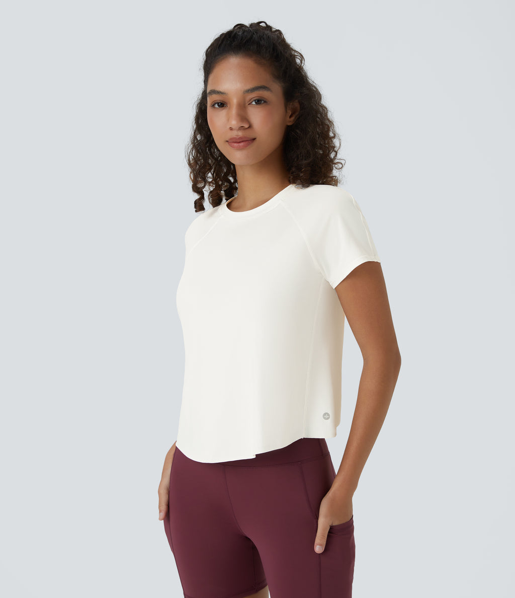 Contrast Mesh Split Hem Short Sleeve Yoga Sports Top-UPF50+ — White — view 2