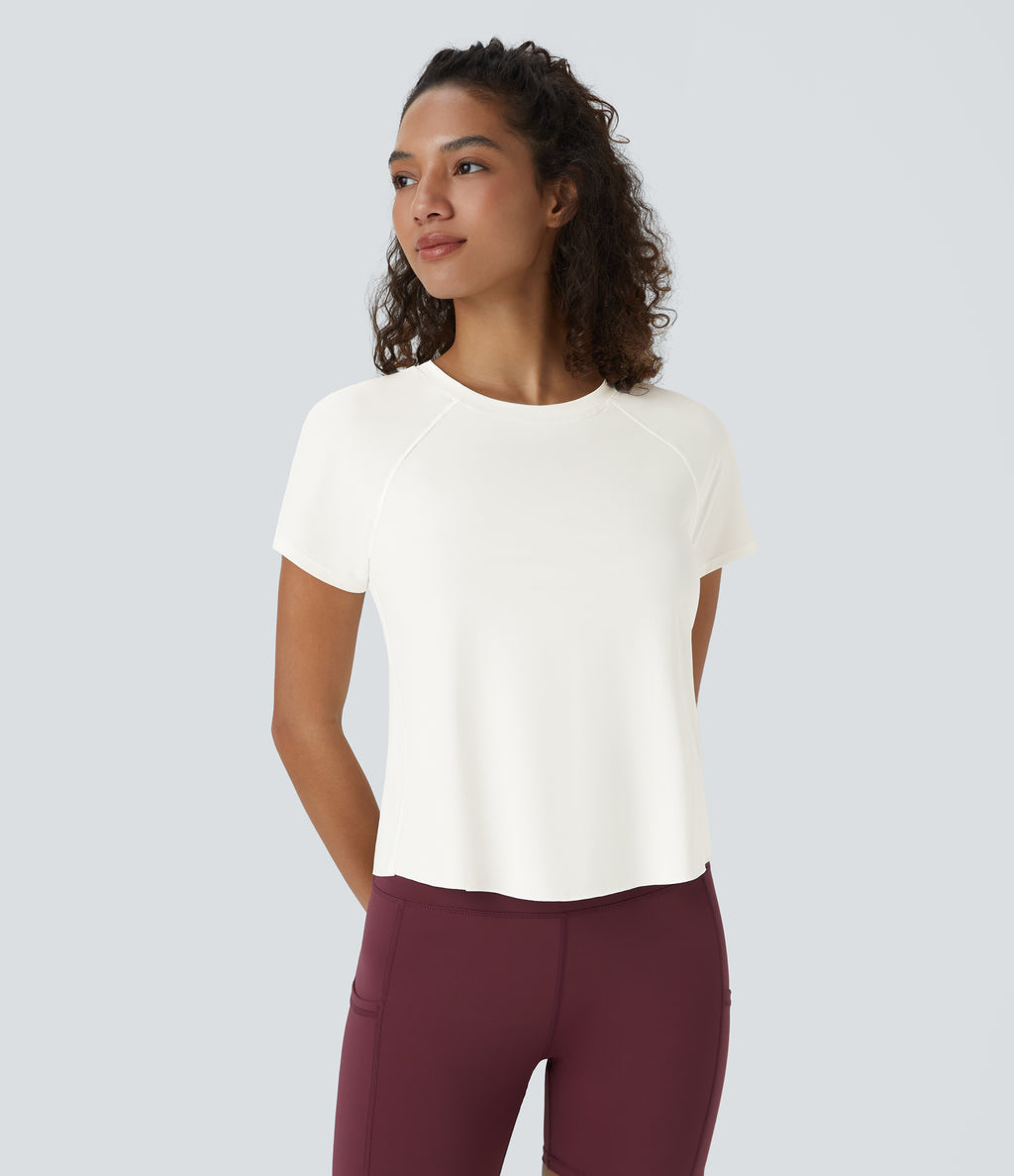 Contrast Mesh Split Hem Short Sleeve Yoga Sports Top-UPF50+ — White — view 3