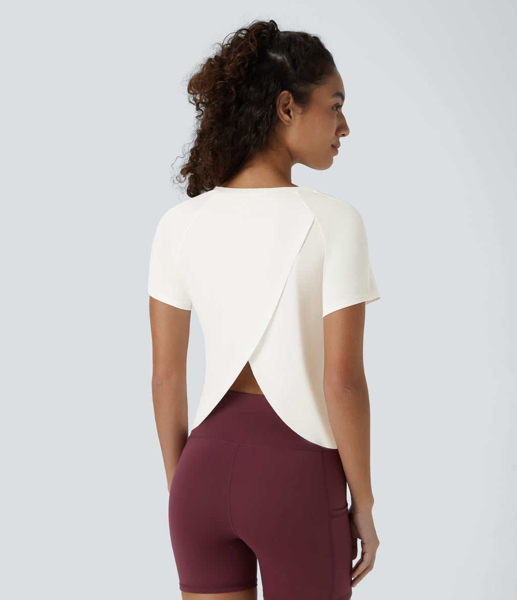 Contrast Mesh Split Hem Short Sleeve Yoga Sports Top-UPF50+ — White — view 1