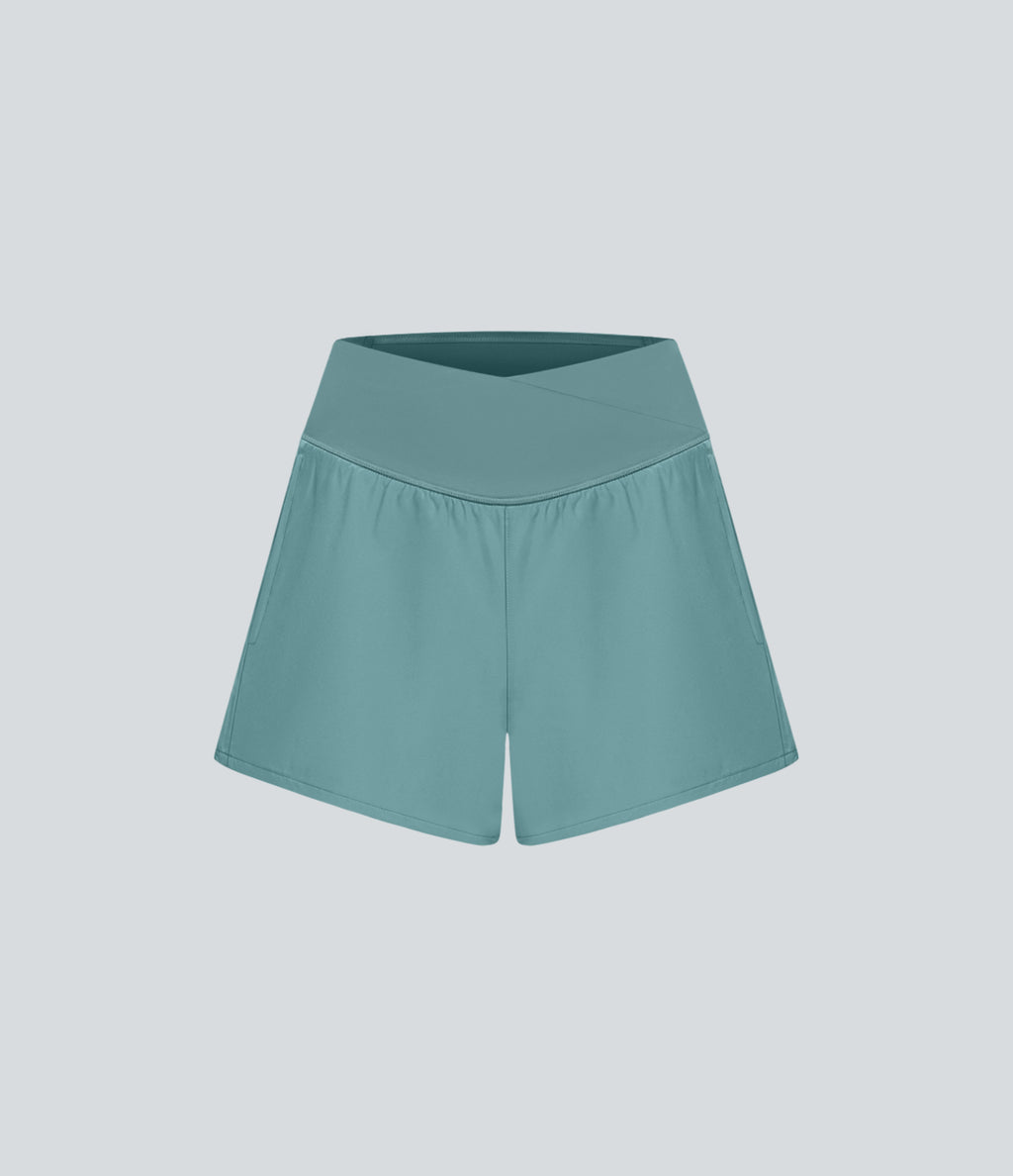 High Waisted Crossover Side Pocket 2-in-1 Quick Dry Yoga Shorts 4" — Stone Blue — view 6