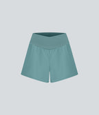 High Waisted Crossover Side Pocket 2-in-1 Quick Dry Yoga Shorts 4" — Stone Blue — view 6