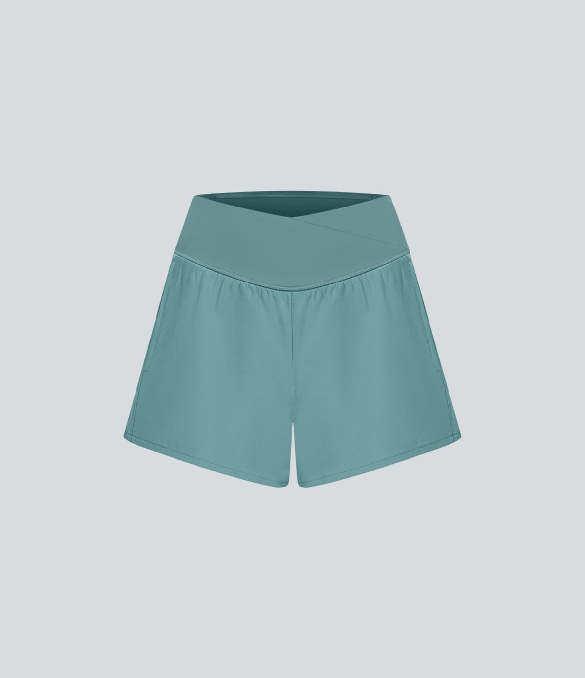 High Waisted Crossover Side Pocket 2-in-1 Quick Dry Yoga Shorts 4" — Stone Blue — view 6