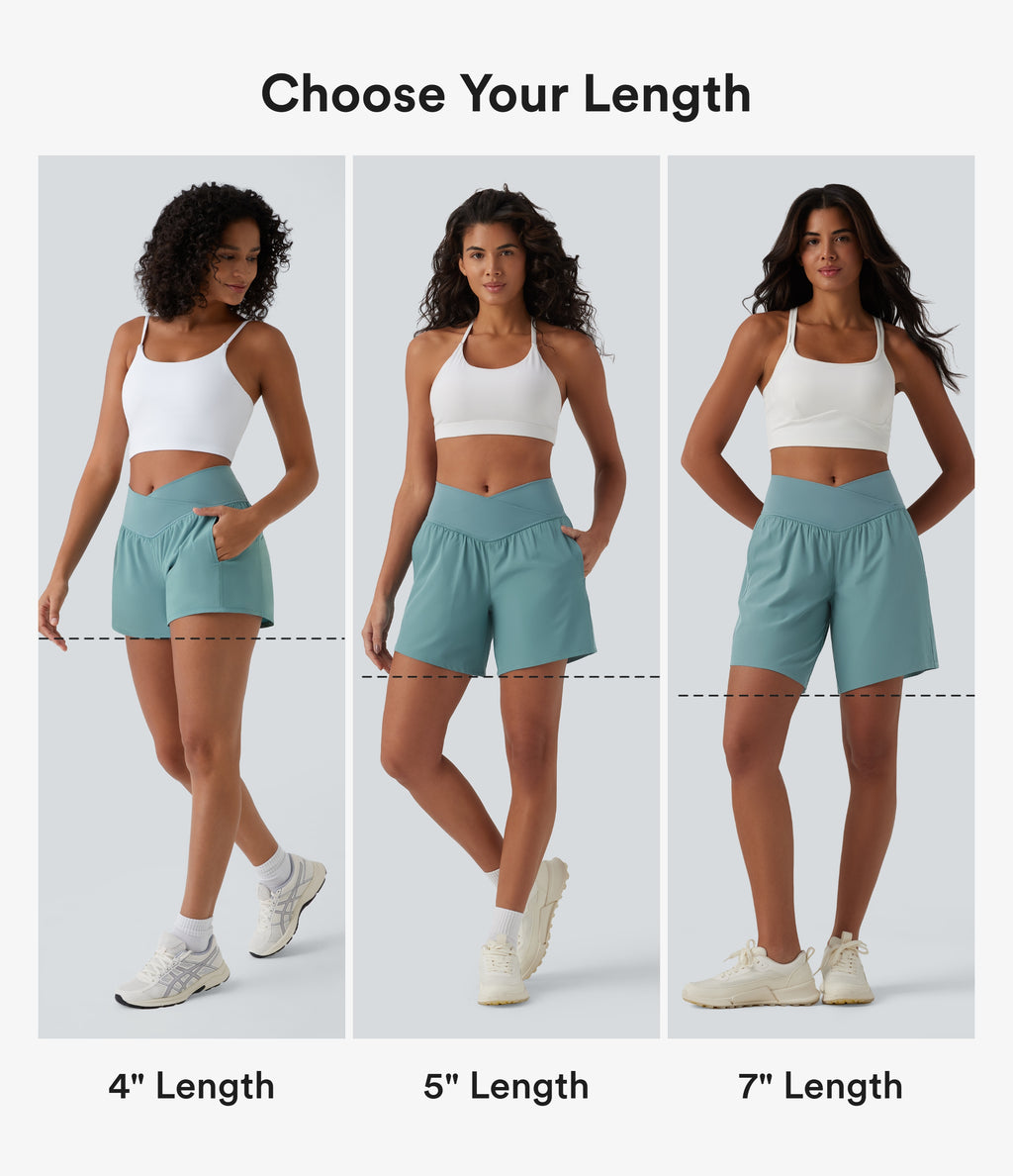 High Waisted Crossover Side Pocket 2-in-1 Quick Dry Yoga Shorts 4" — Stone Blue — view 2