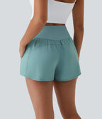 High Waisted Crossover Side Pocket 2-in-1 Quick Dry Yoga Shorts 4" — Stone Blue — view 3