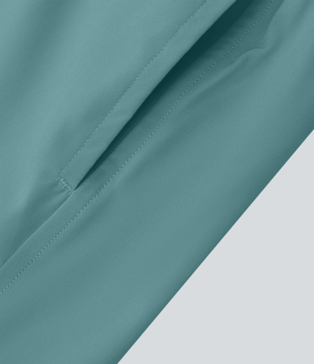 High Waisted Crossover Side Pocket 2-in-1 Quick Dry Yoga Shorts 4" — Stone Blue — view 7