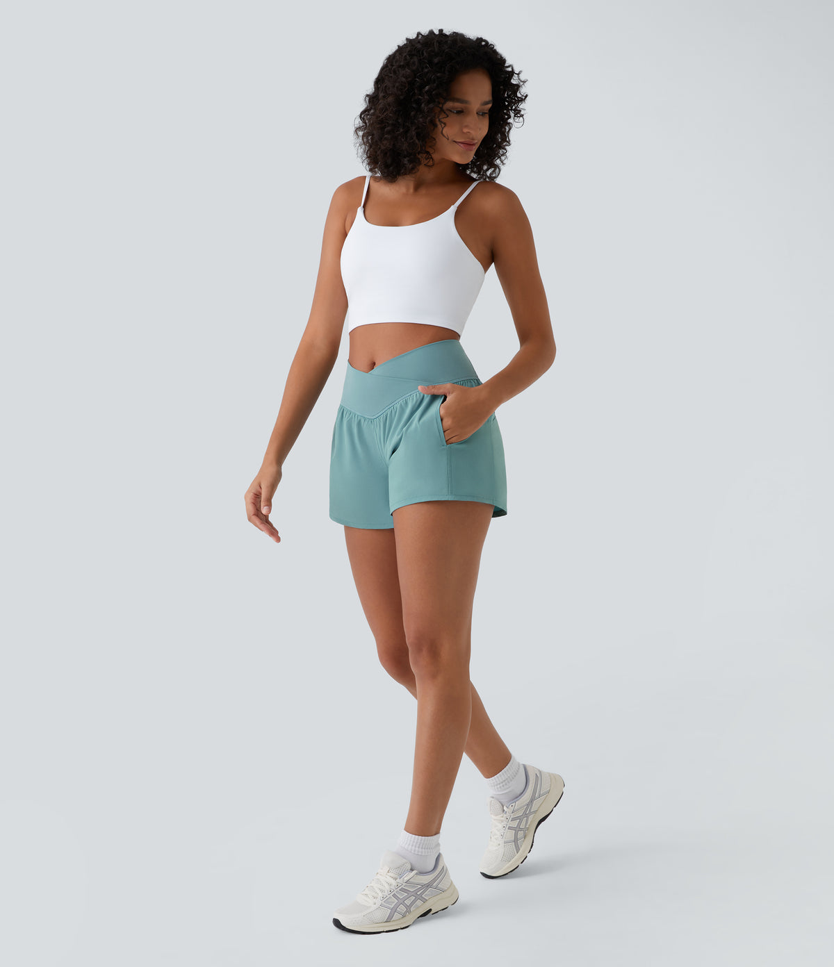 High Waisted Crossover Side Pocket 2-in-1 Quick Dry Yoga Shorts 4" — Stone Blue — view 5