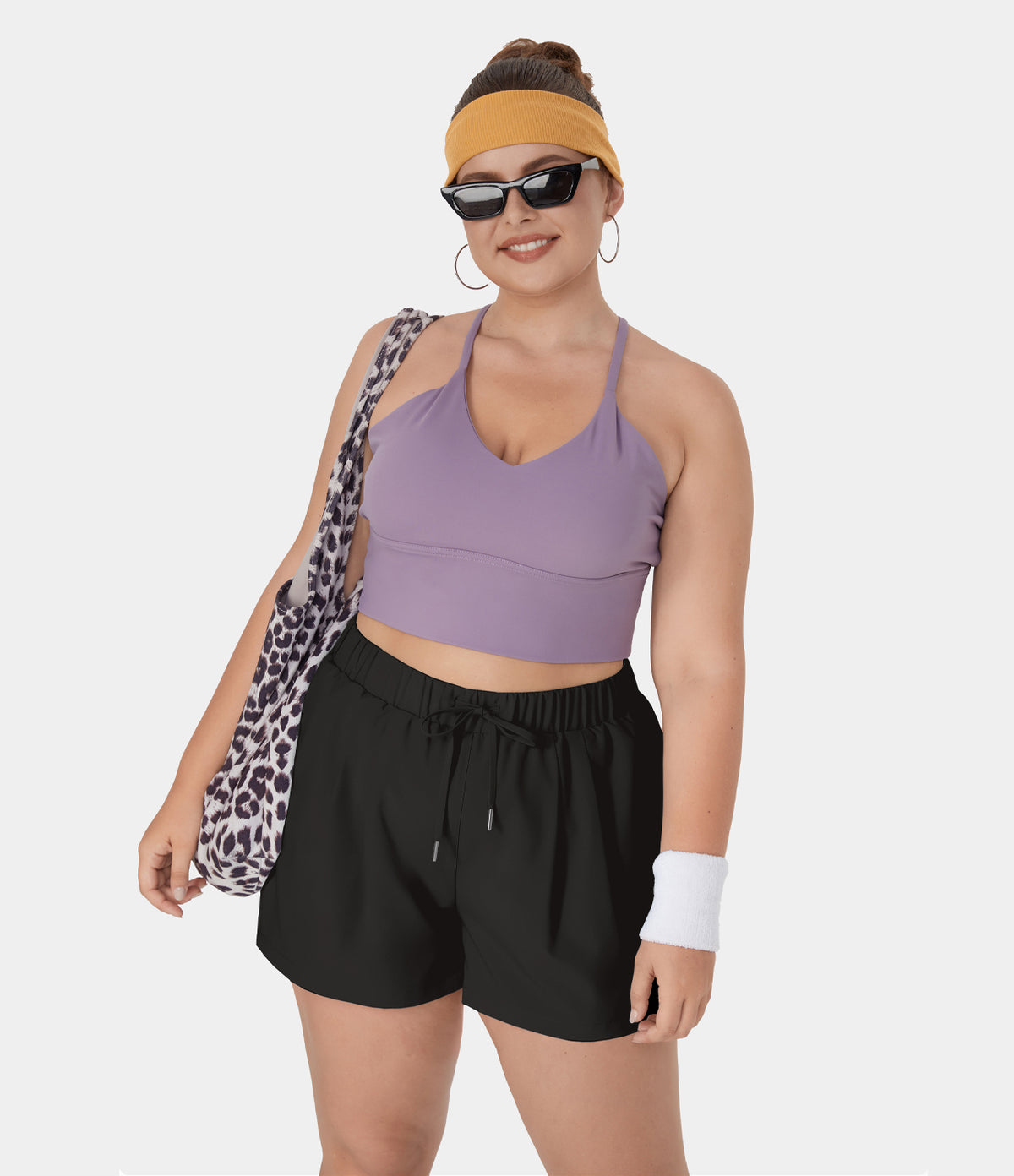 High Waisted Elastic Waistband Drawstring Side Pocket Plus Size Casual Shorts 3" — Black — view 5