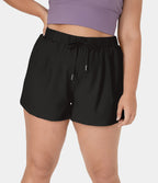 High Waisted Elastic Waistband Drawstring Side Pocket Plus Size Casual Shorts 3" — Black — view 1