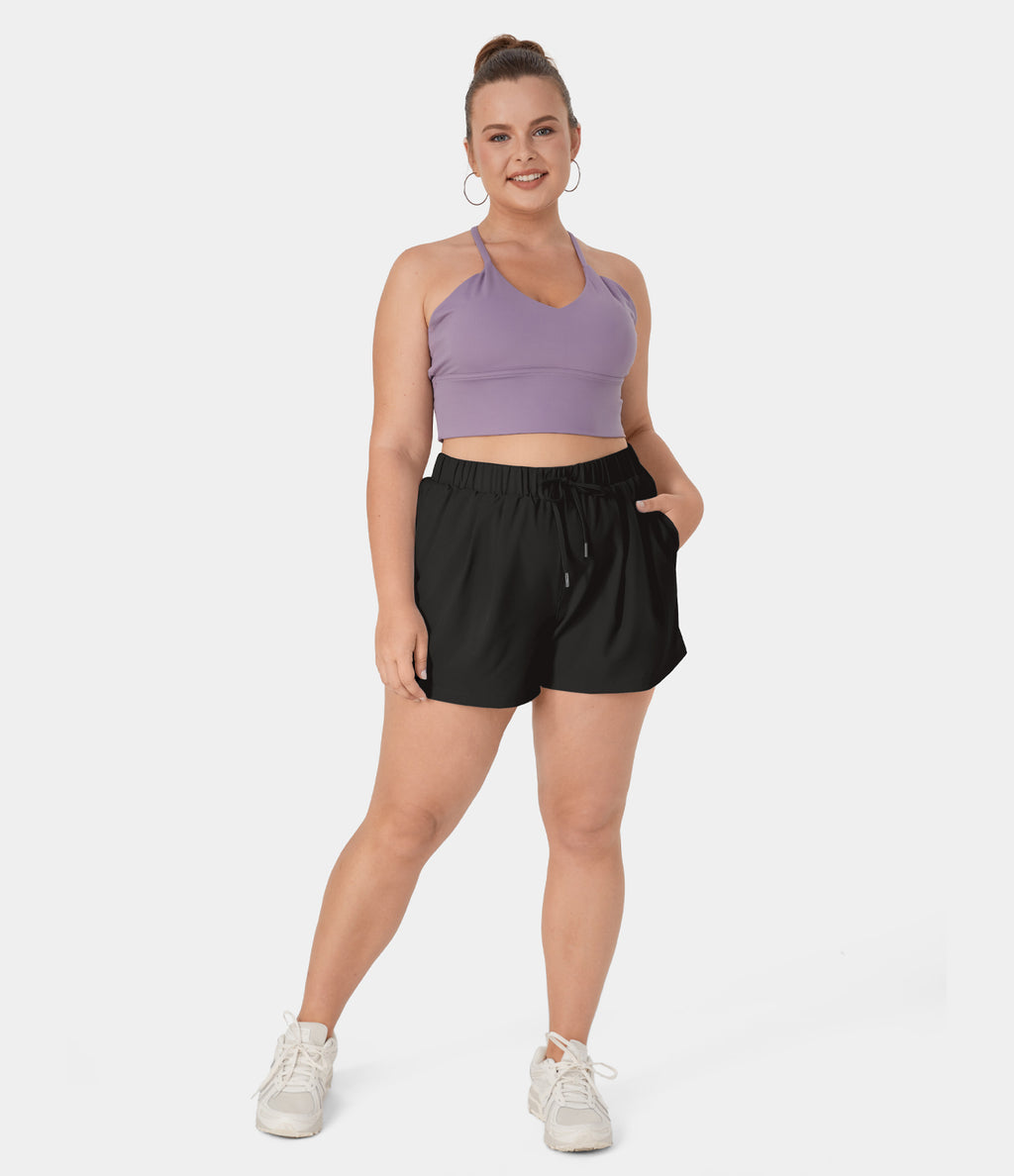 High Waisted Elastic Waistband Drawstring Side Pocket Plus Size Casual Shorts 3" — Black — view 6