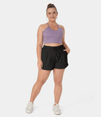 High Waisted Elastic Waistband Drawstring Side Pocket Plus Size Casual Shorts 3" — Black — view 6