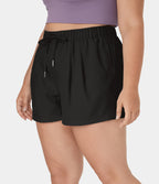 High Waisted Elastic Waistband Drawstring Side Pocket Plus Size Casual Shorts 3" — Black — view 3