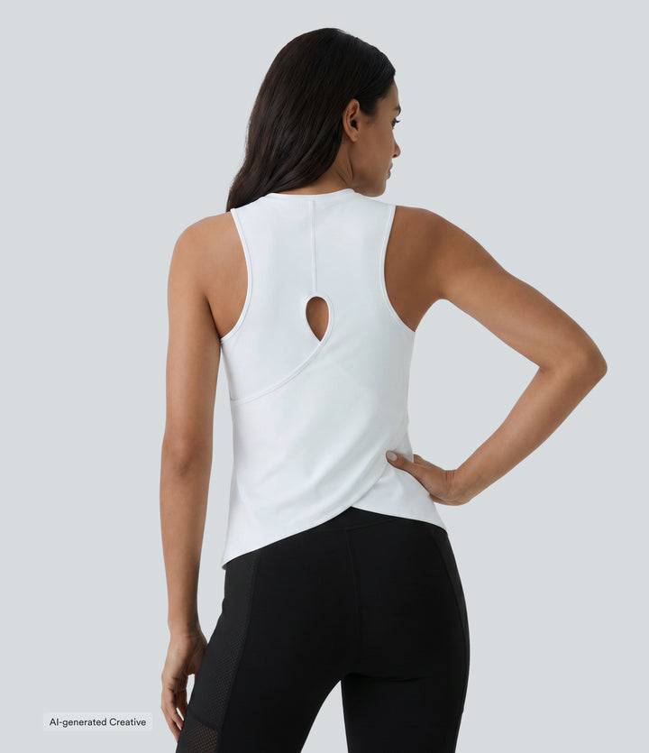 Cut Out Crossover Hem Solid Yoga Tank Vest Top — White — view 1