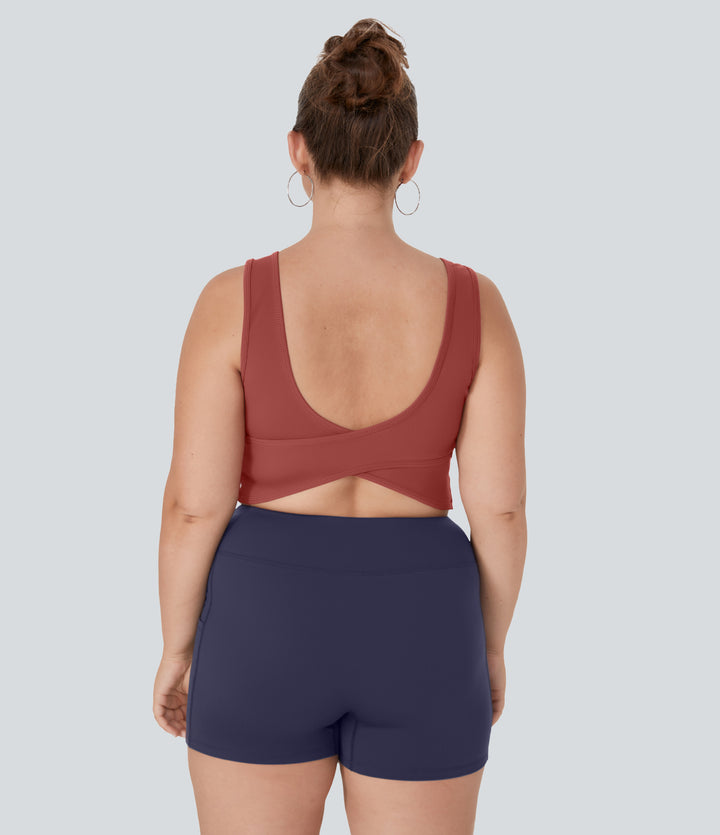 U Neck Backless Crossover Plus Size Barre Ballet Dance Tank Vest Top — Marsala — view 1