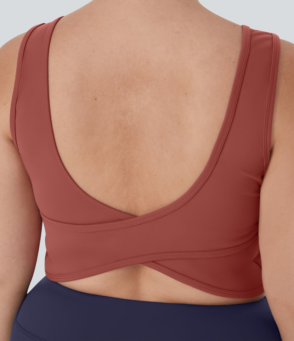 U Neck Backless Crossover Plus Size Barre Ballet Dance Tank Vest Top — Marsala — view 4