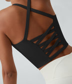 Crisscross Backless Built-in Bra Cropped Running Tank Top A-D Cups — Black — view 1