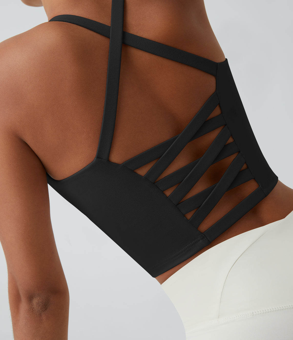Crisscross Backless Built-in Bra Cropped Running Tank Top A-D Cups — Black — view 1