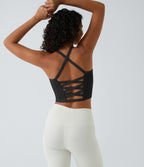 Crisscross Backless Built-in Bra Cropped Running Tank Top A-D Cups — Black — view 5